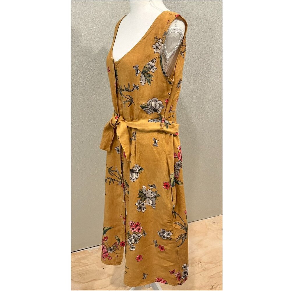 ROSEMARINE Made In Italy 100% Linen Midi Dress Mustard Yellow Floral Button Lrg - Picture 2 of 10